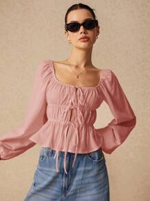 Poéselle 女士纯色前褶系带灯笼袖休闲时尚衬衫 - 粉色 - 查看 1