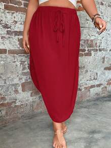 SHEIN LUNE Plus Size Solid Color Front Tie Minimalist Skirt, Casual Daily Wear - Red - View 5