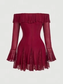 SHEIN MOD Plus Size Vintage Wine Red Long Sleeve Contrast Lace Party Dress