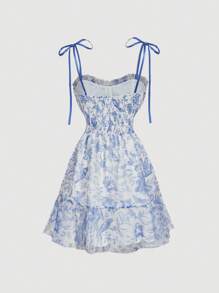 SHEIN MOD Blue And White Floral Print Vintage Gorgeous Romantic 2-In-1 Dress With Removable Multi-Tiered Cake Skirt - Palace Style Formal Dress,Valentines Clothes,Beach Outfits For Woman,Birthday Outfits For Women,Wedding Guest Dress Women,Rave Outfits Festival