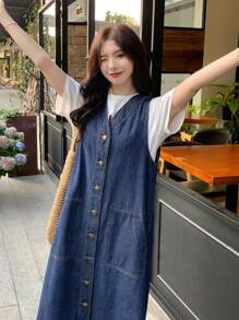 FRIFUL 女式海军蓝牛仔背带连衣裙，长款休闲牛仔连衣裙，适合夏季太阳裙