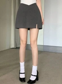 DAZY Women's Side Slit V-Neck High Waist Super Mini Skirt Fall Skirts