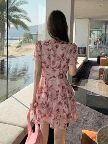 DAZY 女式花卉印花短袖连衣裙，夏季，荷叶边 - 粉色 - 查看 5