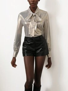 SHEIN Privé 金属光泽缎面正面系带蝴蝶结长袖衬衫 - 金色 - 查看 5