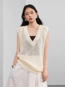 Dazy-Less Women's Casual Loose V-Neck Pullover Knitted Sweater Vest Business Casual Women - Beige - View 7