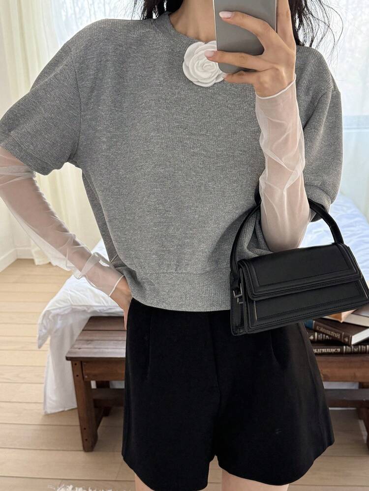Women's Fashion Sheer Mesh Rose Floral Decor 2 In 1 Summer T-Shirt Long Sleeve Women Tops,Fall Women Clothes