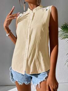 Chiquease Blusa sin mangas con bordado floral y abotonadura sencilla para mujer - Albaricoque - Ver 7