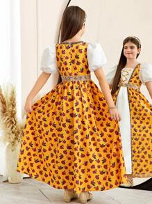 SHEIN Tween Girls' Vacation Style Rose Retro Print 2 In 1 Puff Sleeve Princess Dress - Multicolor - View 4