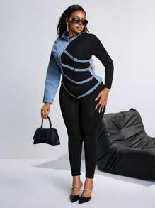 SHEIN CURVE+ Plus Size Women's Asymmetrical Button-Up Denim Jacket, Fashion Casual Outerwear - Blue - View 1