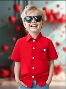 SHEIN Young Boy Valentine's Day Front Button Short Sleeve Pocket Casual Shirt - Burgundy - View 3