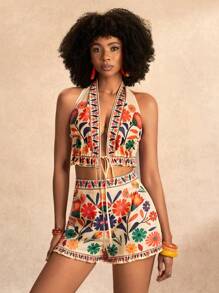 Zivah 2025Women's Spring/Summer All-Match Versatile Casual Outfit, Suitable For Music Festivals, Easter, Western Style, Boho, Nashville, Birthday Party, Graduation, Student Wear, Daily Outings, Vacation, Cruise Travel, Beach, Sunbathing. Features Prints, Open Back, Ties, Frill Trim - Multicolor - View 1