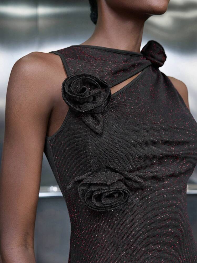 SHEIN Maija Women's Black Hollow 3D Floral Design Sleeveless Fitted Dress, Elegant Party/Date Night Outfit For Spring/Summer Romantic, Fashion, Versatile; Suitable For Summer Vacation, Comfortable, Bohemian Style, Beach Wear, Swimsuit Cover-Up, Stylish, Elegant, Casual, , Simple Daily Wear, Country Style, Essential, Solid Color, Holiday Casual, Decent, Single Lady, Ideal For Vacation Elegant Fashion Business Casual Woman Going Out Tops Graduation Outfit European Summer Hawaii Outfits Women Summer Dresses For Women Streetwear Women Stockholm Style Teacher Outfits For Women