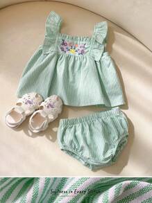 Cozy Pixies 2pcs Baby Girls' Colorful Striped Floral Print Square Neck Short Sleeve Top & Headband Set