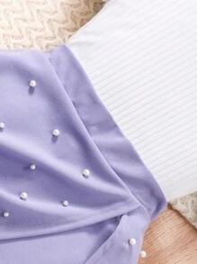 Tween Girl Casual Elegant Solid Ribbed Ruffle Trim Tee And Faux Pearl Decor Skirt Shorts 2 Pieces Set, Summer,Holiday,Summer,Travel