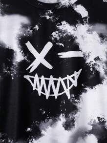 SHEIN 2pcs Set Teen Boy's Face Graphic Color Block Short Sleeve T-Shirt And Shorts Set, Friends;Spring Wear; Teen Boys' Clothing; Teen Boy' Jackets, Spring Back To School - Black and White - View 6