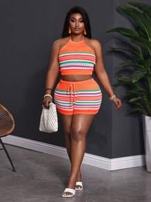 Slaydiva Plus Size Vacation Casual Fitted Sleeveless Halter Tie Stripe Woman Knit Vest And Shorts Co-Ord Set, Pride Month, Rainbow-Z