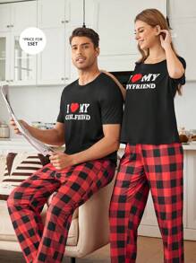 2pcs Men Slogan Graphic Top & Gingham Print Pants Pajama Set, Couples Lounge Wear - Multicolor - View 1