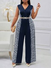 SHEIN Lady Plus Size Sleeveless Color Block -Block Split V-Neck Maxi High-Waisted Wide-Leg Pants For Tall Women Four Seasons - Navy Blue - View 5