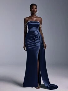 Elitara Luxurious Off-Shoulder Beaded Trim High Slit Fish Tail Maxi Evening Dress (Heavy Embellishment) For Women, Elegant Formal Gown, For Wedding Guest, Graduation, Dinner Party Dress - Navy Blue - View 1