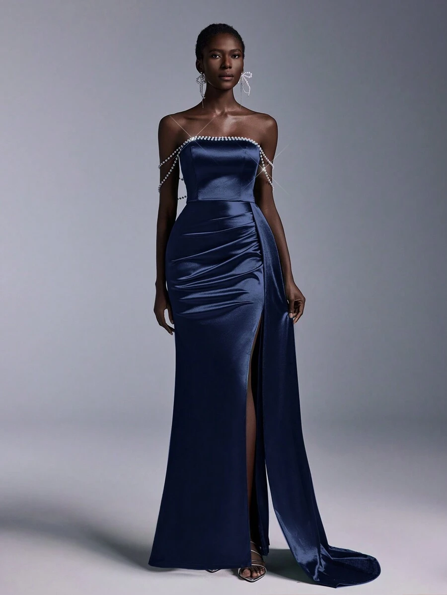 Elitara Luxurious Off-Shoulder Beaded Trim High Slit Fish Tail Maxi Evening Dress (Heavy Embellishment) For Women, Elegant Formal Gown, For Wedding Guest, Graduation, Dinner Party Dress - Navy Blue - View 1