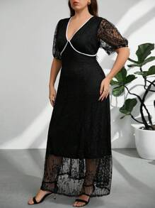 Firerie Plus Size Women's Short Sleeve Backless Contrast Color "Valentine Lover" Black Lace Dress
