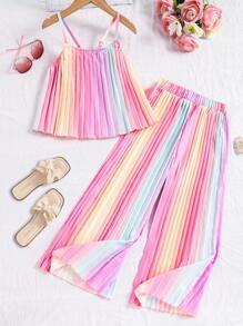 2pcs Tween Girl Ombre Color Spaghetti Strap Jumpsuit Set, Suitable For Holiday And Leisure Wear,Holiday,Summer,Travel - Multicolor - View 1