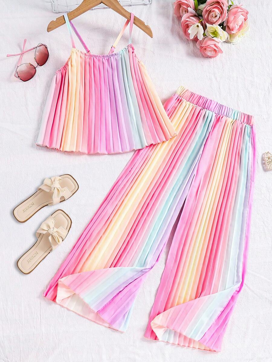 2pcs Tween Girl Ombre Color Spaghetti Strap Jumpsuit Set, Suitable For Holiday And Leisure Wear,Holiday,Summer,Travel - Multicolor - View 1