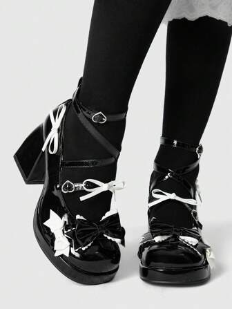 Kawaii Women's Black Mary Jane Leather Shoes, Closed Toe Platform Oxfords With Criss-Cross Straps, Bow & Heart Details, Dark Goth Style High Heels