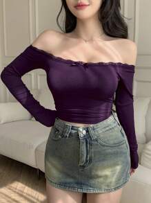 DAZY Spring New Off Shoulder Fitted Women T-Shirt For Casual Long Sleeve Women Tops,Fall Women Clothes - Purple - View 5
