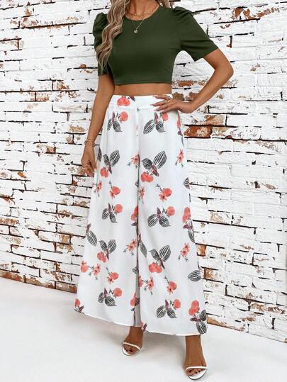 SHEIN Clasi Bộ 2 món East Flora Sage Green, Bộ 2 món Bộ đồ đi nghỉ cho nữ, Áo thun bo gân tay bồng và quần ống rộng họa tiết hoa, Bộ đồ lễ Phục sinh, Trang phục hòa nhạc cho nữ, Trang phục lễ hội Rave, Trang phục ngày lễ Thánh Patrick, Thánh Patrick, Ibiza Fits, Trang phục mùa hè cho nữ, Kỳ nghỉ xuân, Thánh Patrick, Trang phục mùa hè, Quần áo mùa hè, Trang phục bãi biển cho nữ, Trang phục hòa nhạc đồng quê, Trang phục nghỉ dưỡng thường ngày