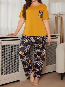 Plus Size Yellow Crew Neck Short Sleeve Pocket Top And Printed Pants Pajama Set, Outfits - Yellow - View 4