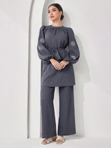 Veilorie Women Floral Embroidered Lantern Sleeve Top And Pants Arabic Style 2 Pieces Set,Modest