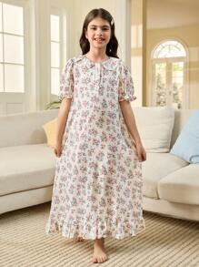 SHEIN Leap Crew 少女简约花卉图案泡泡袖彼得潘领宽松荷叶边下摆睡袍，家庭度假休闲短袖碎花连衣裙，兄弟姐妹装（2 件单独出售） - 杏色 - 查看 3