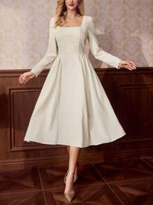 Vintamour Robe élégante rétro pour femme en jacquard ajusté à manches longues et coupe évasée, beige, vêtements de la Saint-Valentin, robes élégantes pour femmes, tenues professionnelles décontractées, robes pour invitées de mariage, vêtements d'église, robes modestes pour femmes - Beige - Voir 6