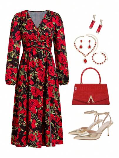 Ellevyn V-Neck Cinched Waist Cable Knit Rose Print Romantic Women Dress