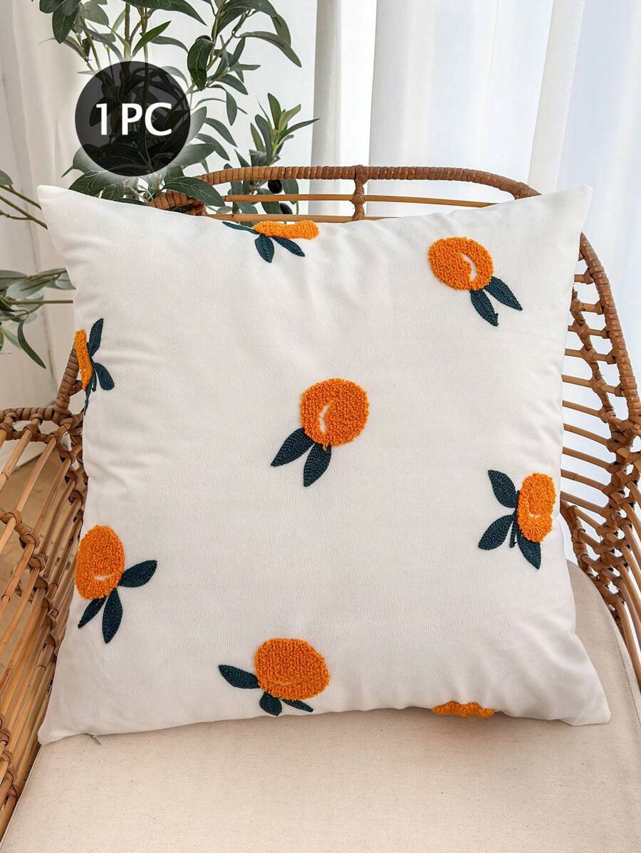 1pc Orange Embroidered Pillow Cover, 100% Polyester, Zipper Closure, No Filling, Suitable For Living Room, Bedroom And Dining Room Decor - Multicolor - View 1