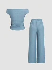 Sweetra 2pcs Women All-Match Off The Shoulder Top & Drawstring Wide Leg Pants Set, Simple & Versatile - Blue - View 2