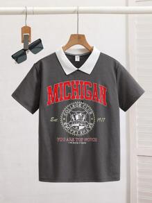 SHEIN Tween Boy Splice Casual Color Block Pattern Polo Shirt With Turndown Collar - Grey - View 7