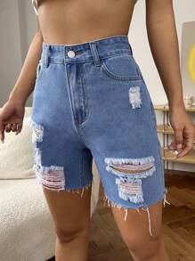 SHEIN EZwear Women Pockets & Distressed Raw Hem Casual Denim Shorts