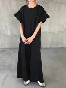 FRIFUL Women Oversize Black Long Dress With Ruffle Hem & Heart Embroidery, Casual Summer Outfit Sundress