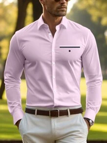 Calvornis Loose Fit Men's Button-Down Long Sleeve Shirt - Pink - View 1