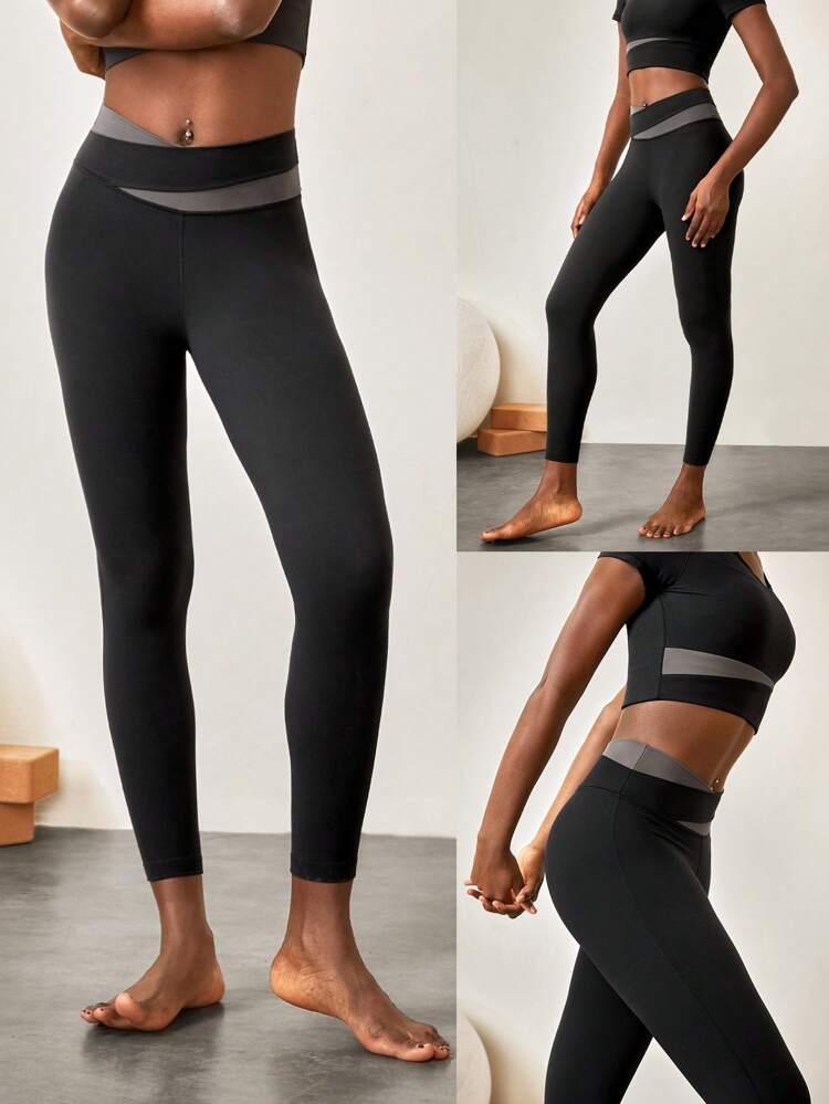24" FeatherFit™-Sculpt Two-Tone Crossover Compression Leggings Medium Impact Workout Daily Gym  Spring Summer