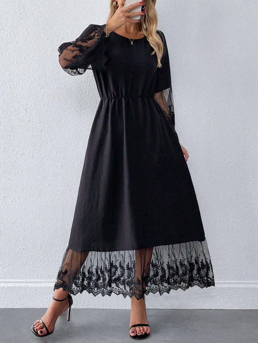 SHEIN Clasi Women's Fashionable Round Neck Floral Lace Patchwork Dress - Black - View 1