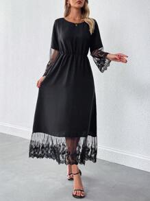 SHEIN Clasi Women's Fashionable Round Neck Floral Lace Patchwork Dress - Black - View 5