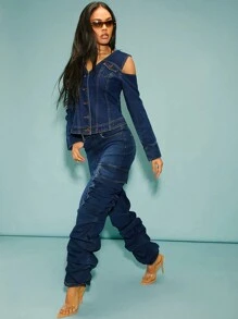 Denimoi Cold Shoulder Fitted Waist Denim Jacket - Dark Wash - View 1