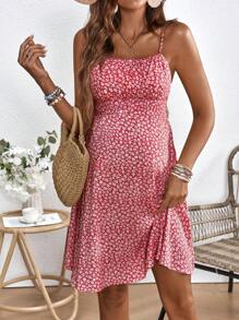 SHEIN Maternity Spaghetti Strap All-Over Print Casual Mini Dress - Red - View 4