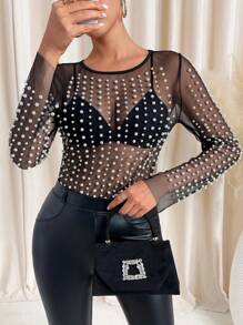 SHEIN Clasi Women's Mesh Pearl See-Through Blouse, Fashionable & Sexy For Valentine's Day Festival - Black - View 6