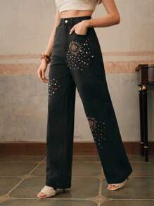 Anewsta 女士时尚钻石刺绣花卉直筒牛仔裤，春夏装 - 藍色 - 查看 3