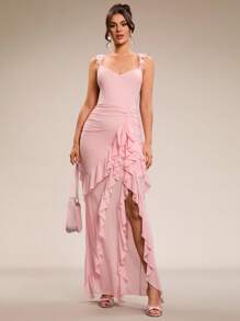 SHEIN BAE Vestido de novia de boda súper largo con espalda descubierta y hoja de loto de color rosa sólido sexy, vestido de dama de honor, vestido para citas, vestido de fiesta, vestido de temporada escolar, vestido de vacaciones, vestido de cumpleaños, vestido para salir de noche, ropa de verano para mujer, ropa de primavera, atuendo para el Día de San Valentín, carnaval, atuendo de vacaciones en la playa