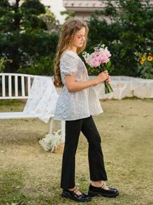 SHEIN 2pcs/Set Tween Girl Ruffled Sleeve Button-Up Shirt & Flare Pants, Elegant Girl Outfits, Wedding Ceremony & Elegant Cute Style, Floral/Partial Decoration, Without Traditional Patterns